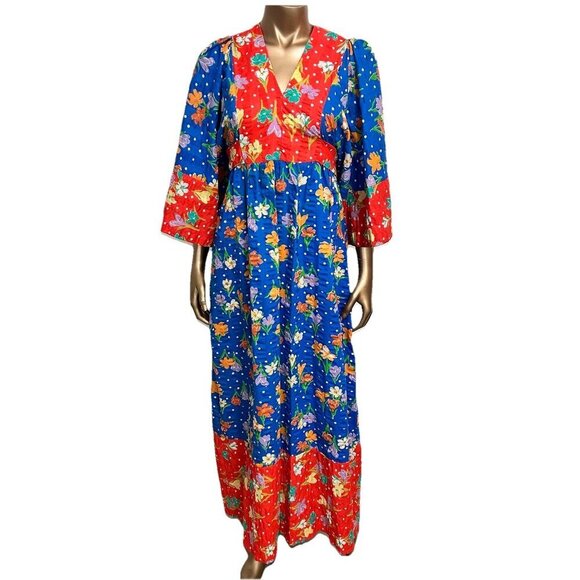 1960s Young Innocents by Arpeja Red & Blue Cotton Floral Print Caftan Dress Sz S - Picture 3 of 12